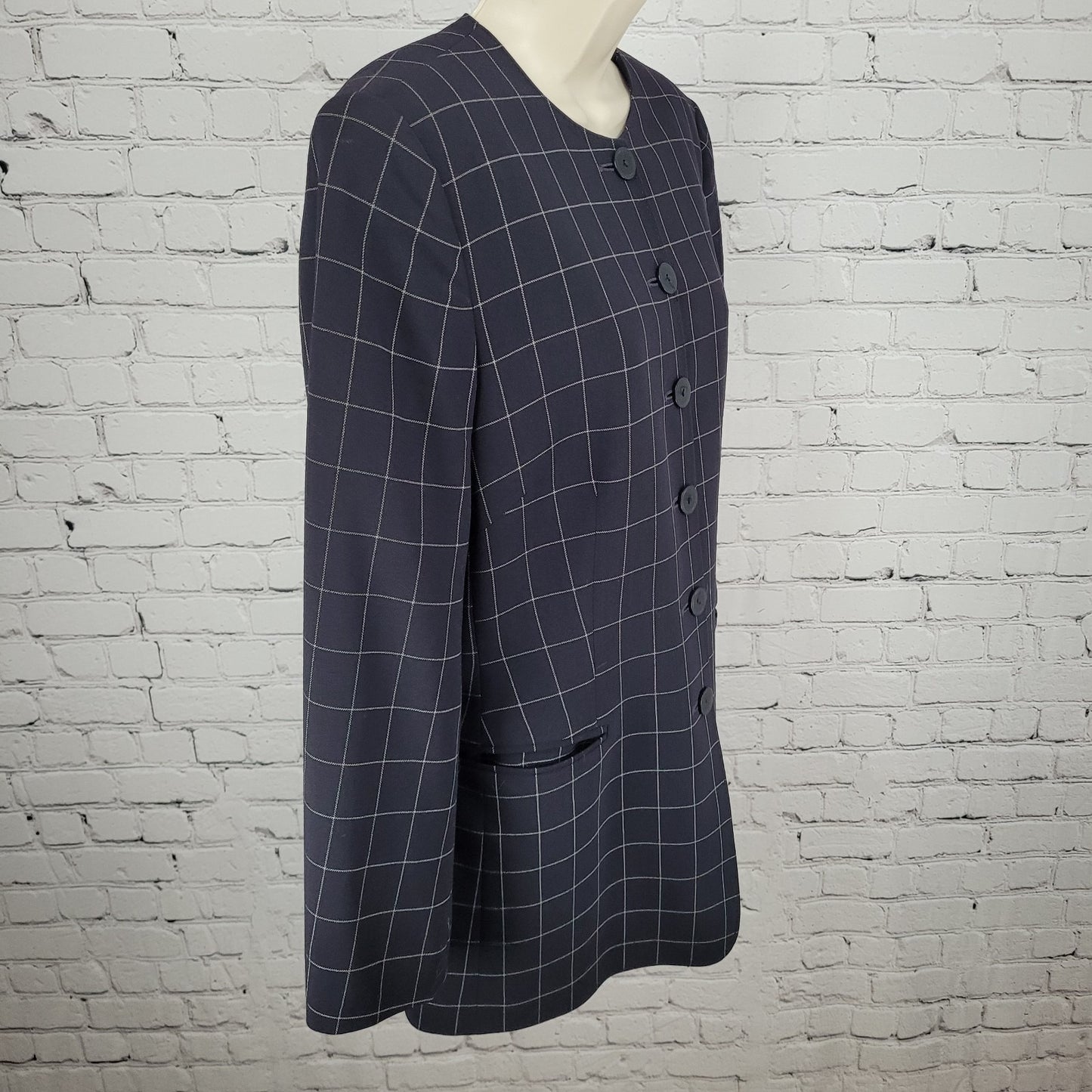 Jaeger Black Pure New Wool Windowpane Buttoned Collarless Suit Jacket Size 12