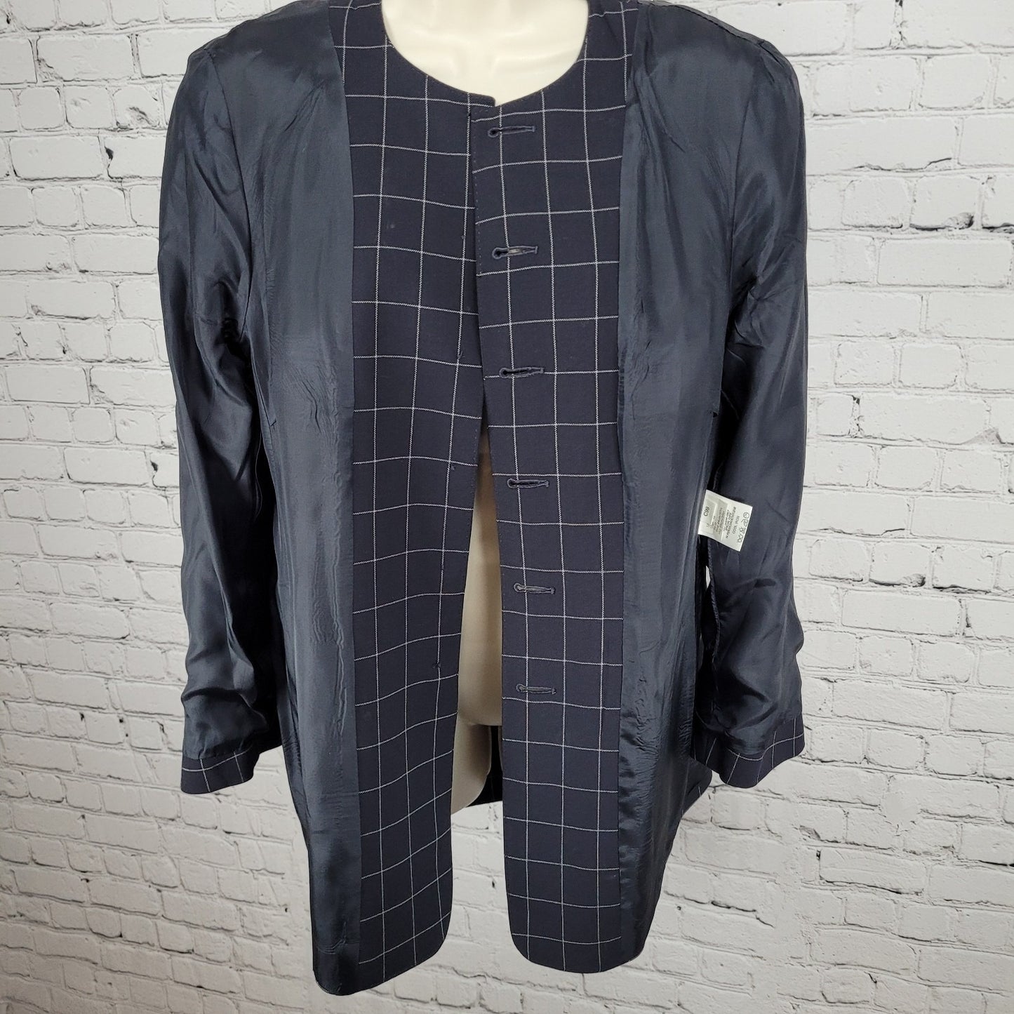Jaeger Black Pure New Wool Windowpane Buttoned Collarless Suit Jacket Size 12