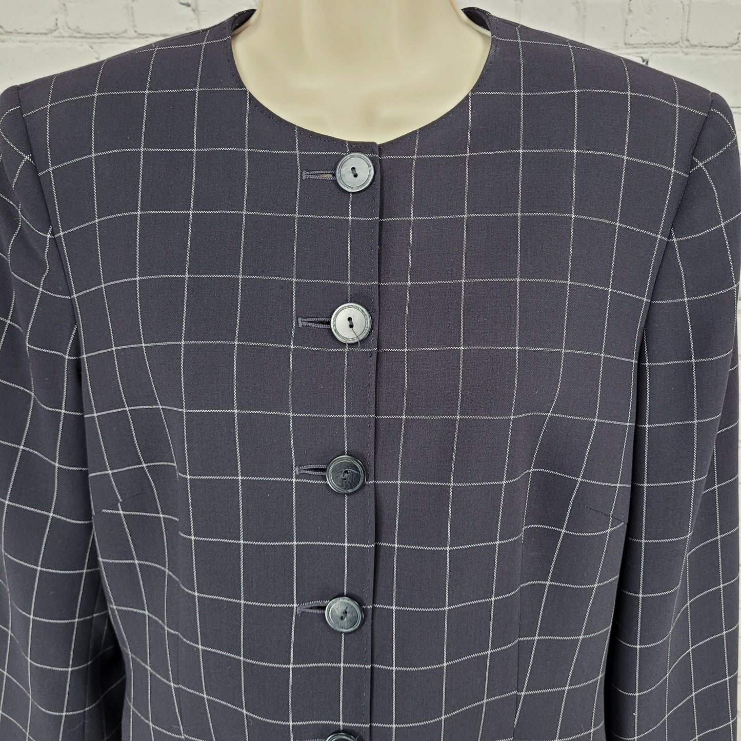 Jaeger Black Pure New Wool Windowpane Buttoned Collarless Suit Jacket Size 12