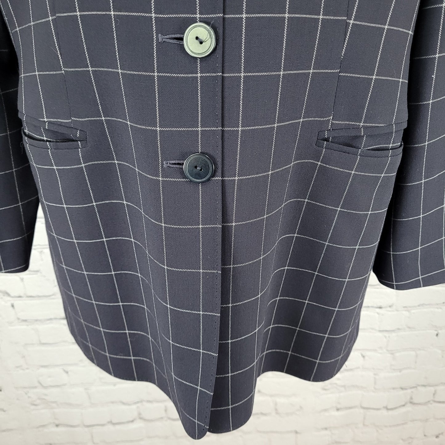 Jaeger Black Pure New Wool Windowpane Buttoned Collarless Suit Jacket Size 12