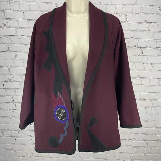 VTG Beppa Maroon Wool Wearable Art Deco 80’s Open Jacket Pockets Size Small S