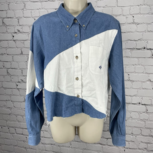 Roper Blue Chambray Button Down Western Raw Hem Long Sleeve Shirt Size XL