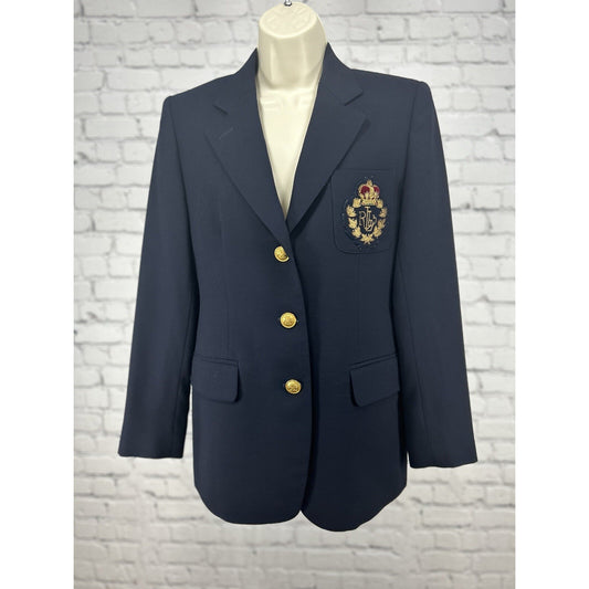 Lauren Ralph Lauren Green Label 3 Button Embroidered Blue Blazer Made In USA 6P