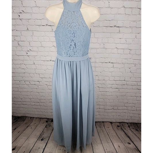 Azazie Blue Lace High Neck Empire Waist Sleeveless Side Slit Maxi Dress Size A0