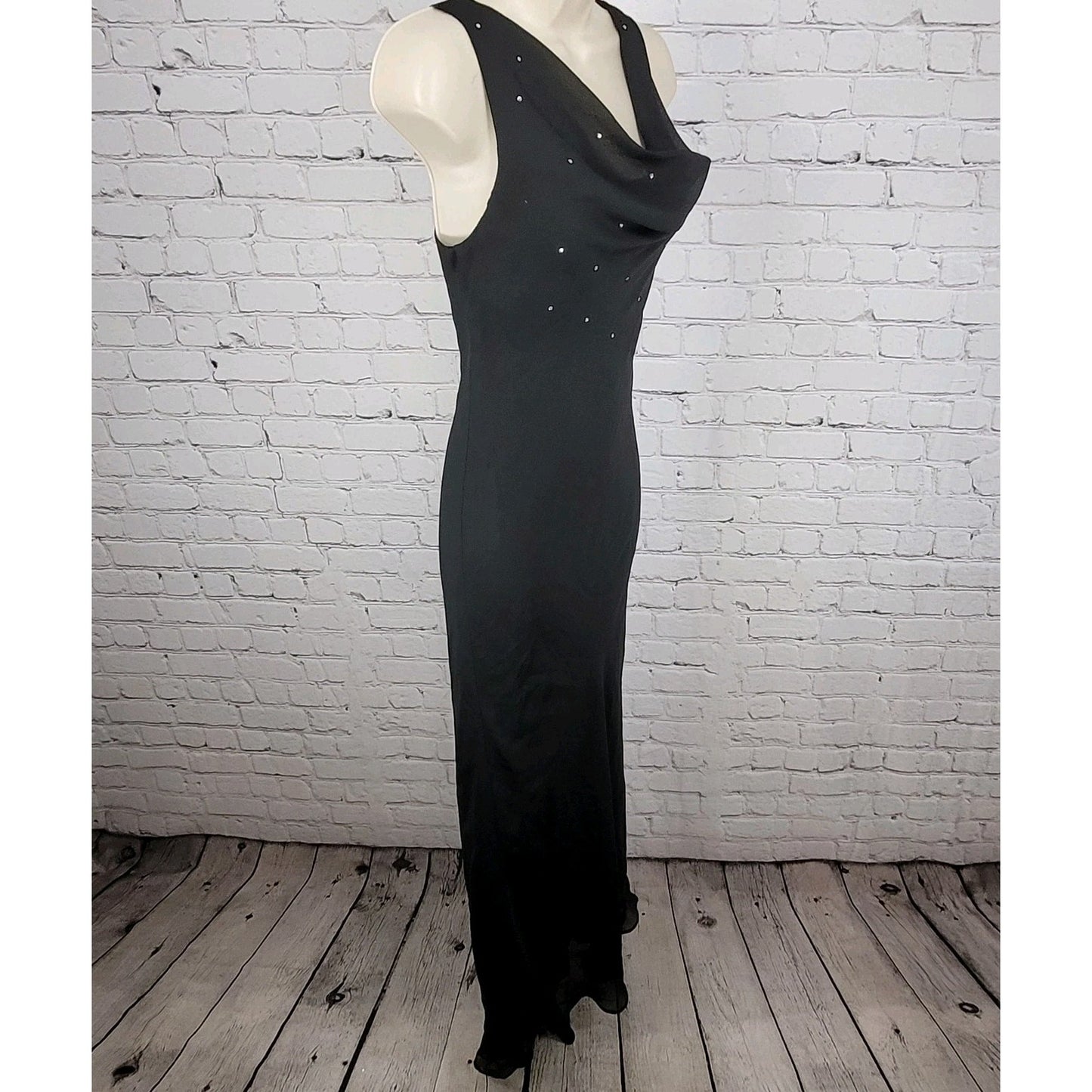 Celavie Collection Black Chiffon Rhinestone Maxi Dress USA Made Size Small S