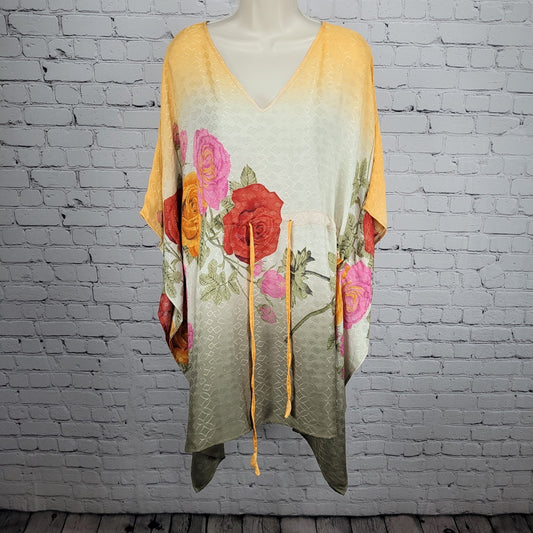 Multicolor 100% Recycled Silk Roses Lightweight Dress Tunic Top India O/S