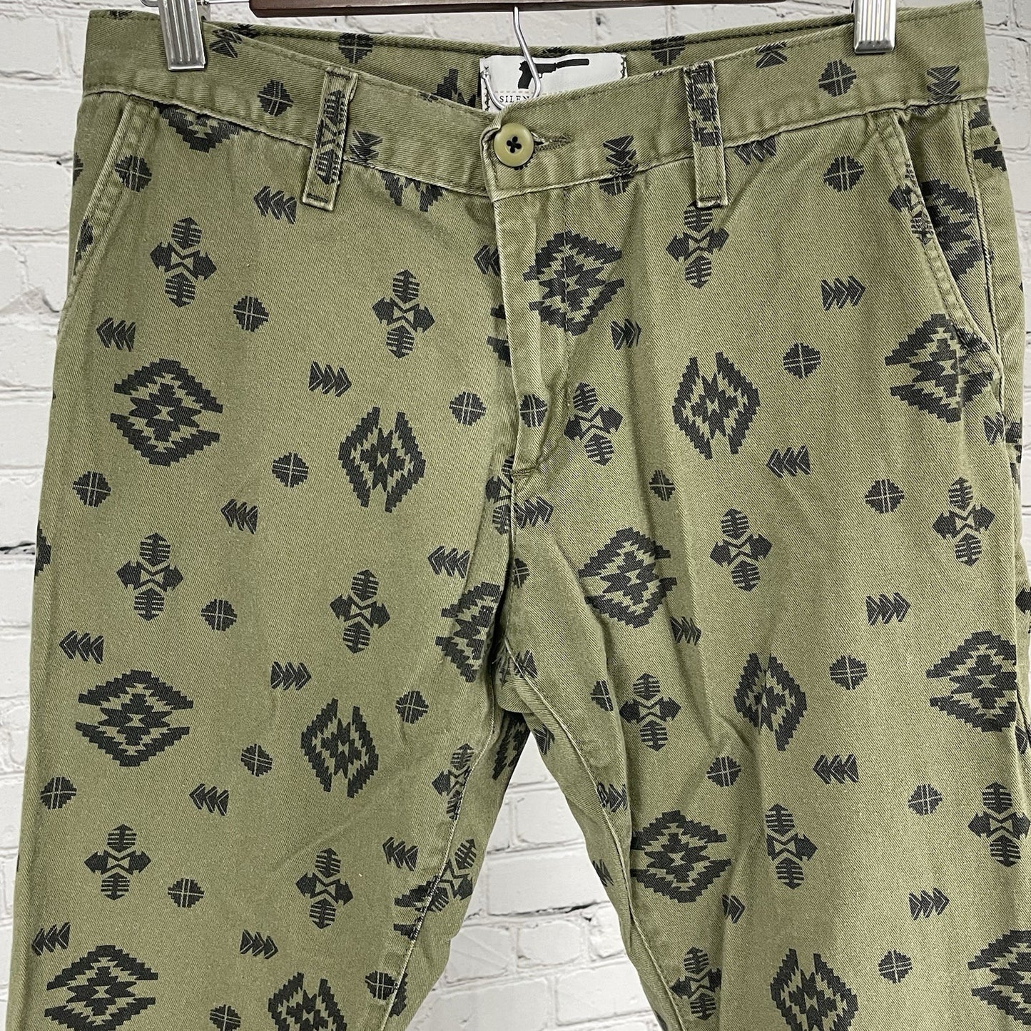 Silence Is Golden Denim Green Navajo Print Straight Leg Pants USA 32 (30x30)