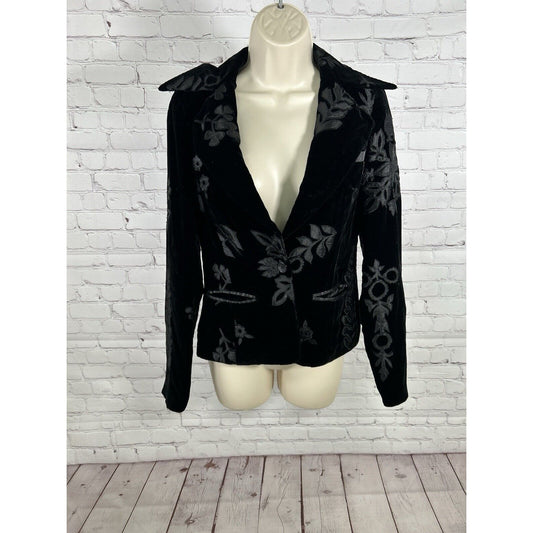 Sheri Bodell Black 100% Silk Velvet Floral Single Button Blazer Women’s XS