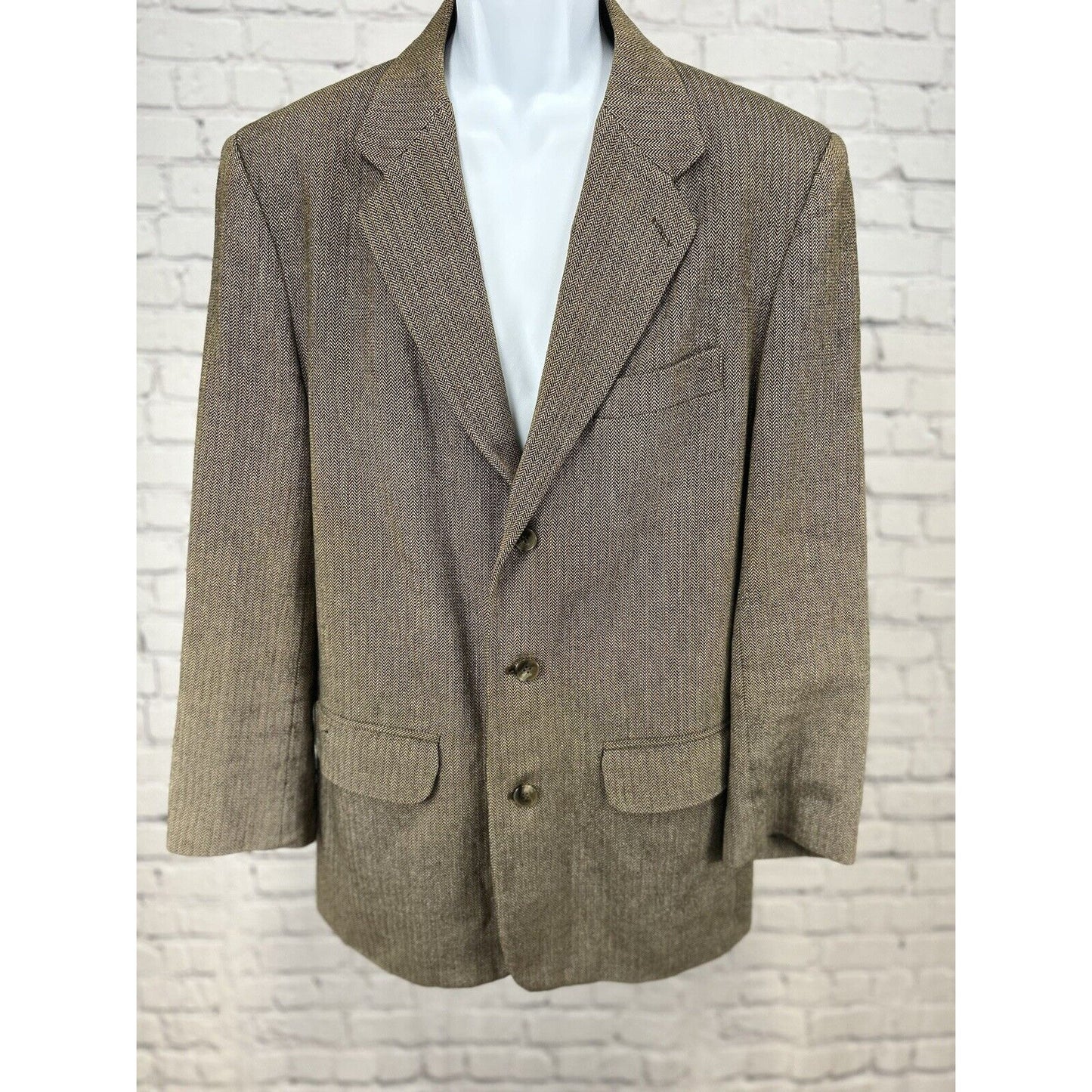 Perry Ellis 100% Cotton Brown Herringbone 3 Button Ventless Blazer Size 42