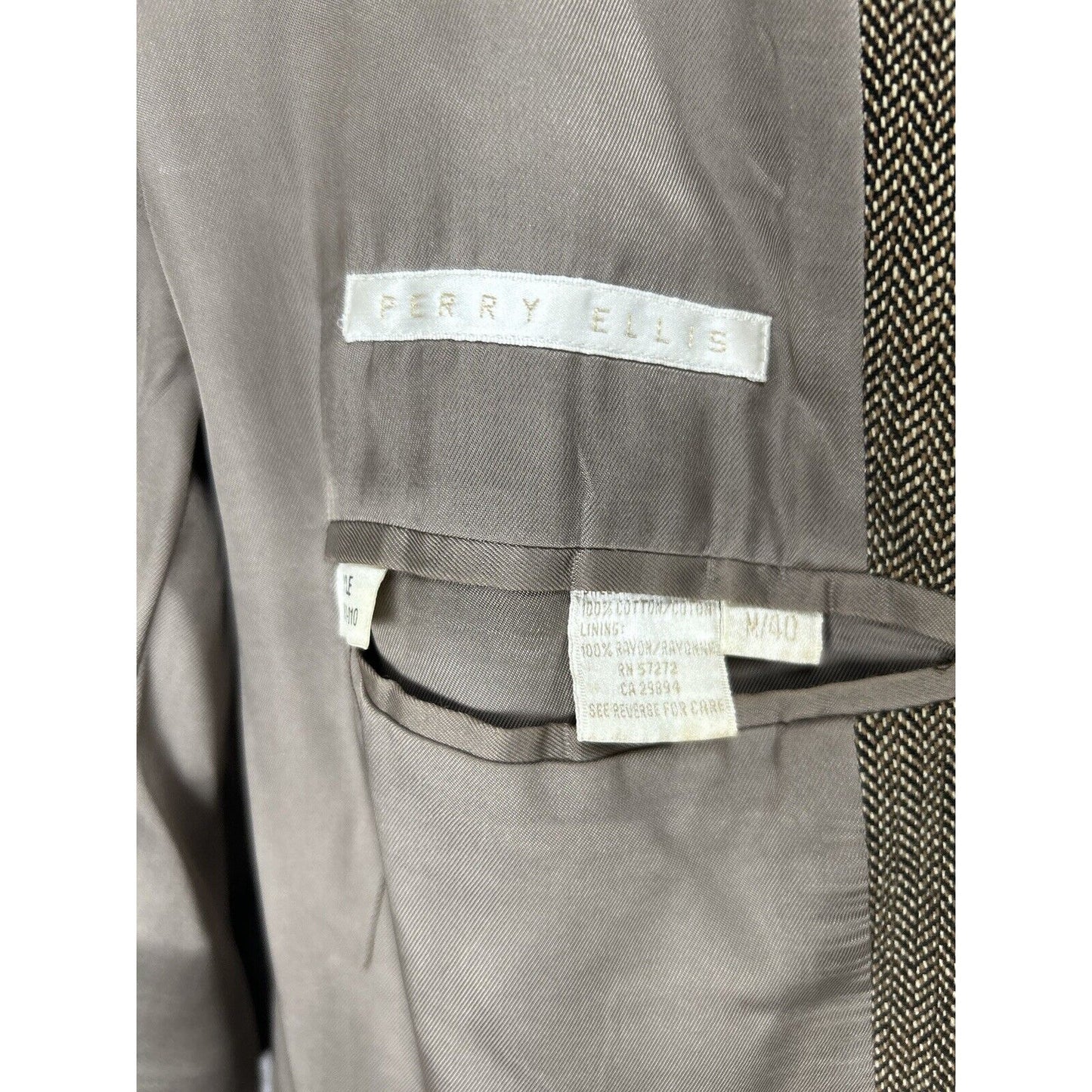 Perry Ellis 100% Cotton Brown Herringbone 3 Button Ventless Blazer Size 42
