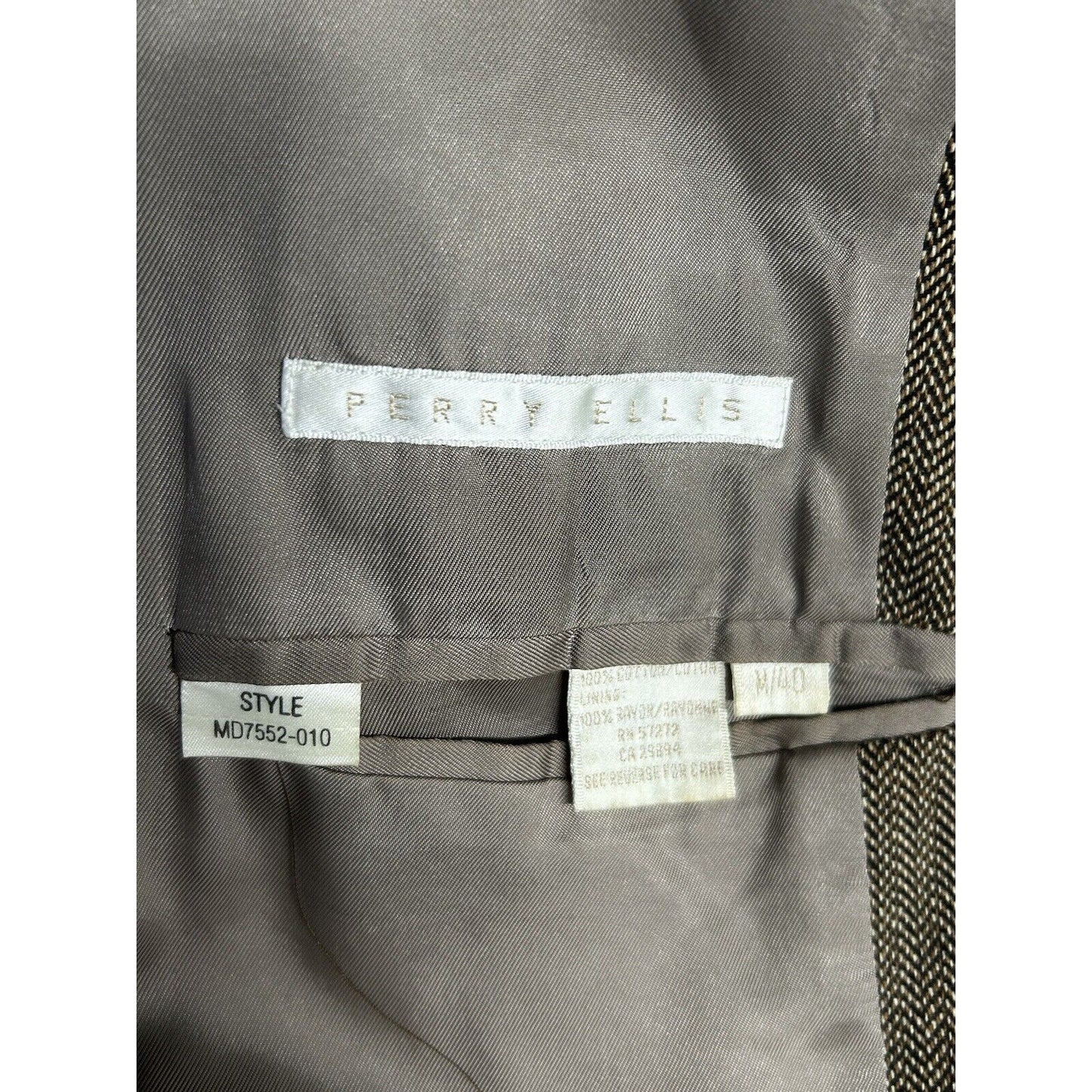 Perry Ellis 100% Cotton Brown Herringbone 3 Button Ventless Blazer Size 42