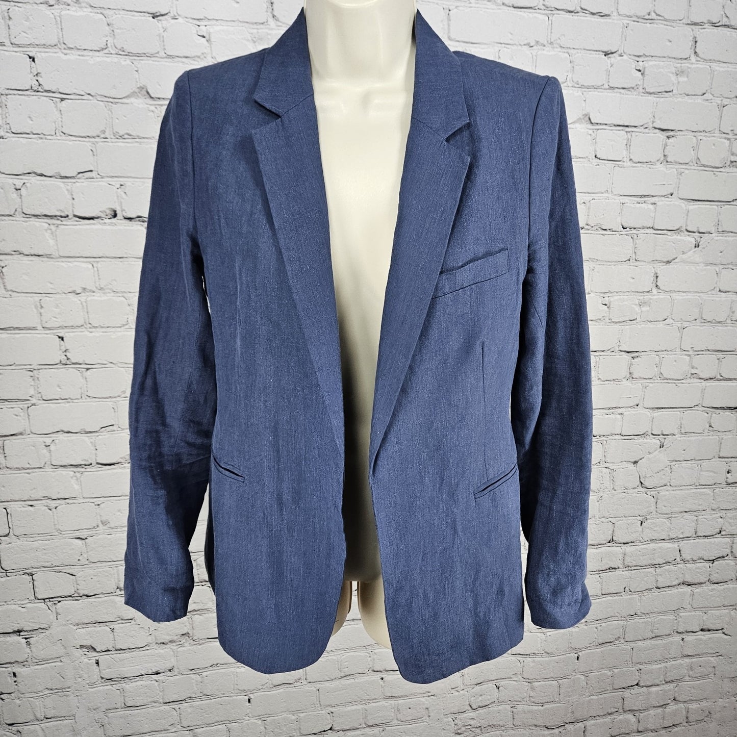 Joie Blue 100% Linen Open Front Cotton Lined Vented Notch Blazer Jacket 4