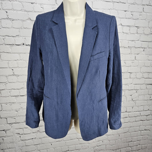 Joie Blue 100% Linen Open Front Cotton Lined Vented Notch Blazer Jacket 4
