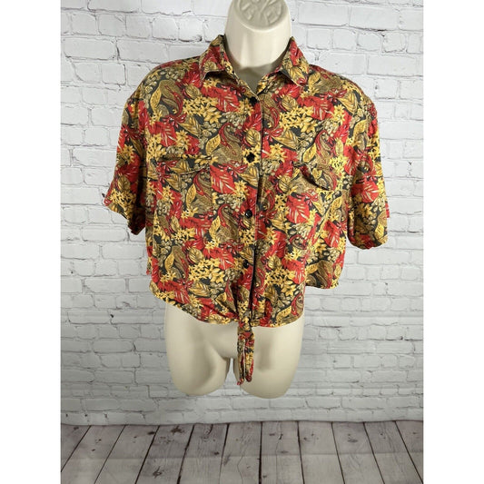 VTG Hunt Club Floral Cropped Tie Front Button Up Collared Short Sleeve Shirt M