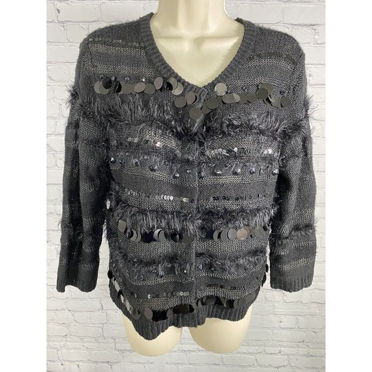 Ruby Rd. Petite Black Snap Up Beaded Sequined Fuzzy Knit Sweater Cardigan PM