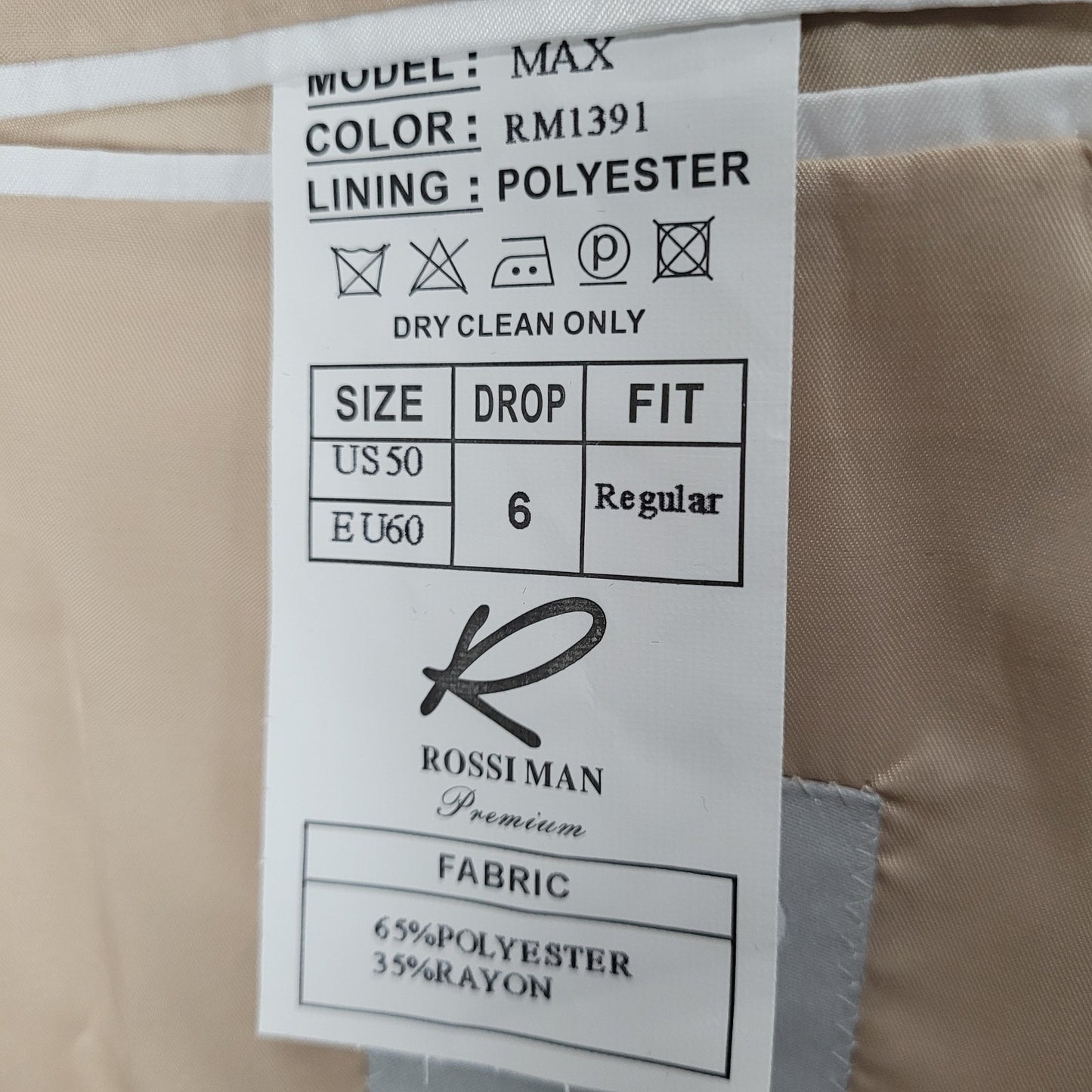 Rossi Man Cream Beige Slim Fit Full Suit 1 Button Peak Jacket 50 Pants 43x35