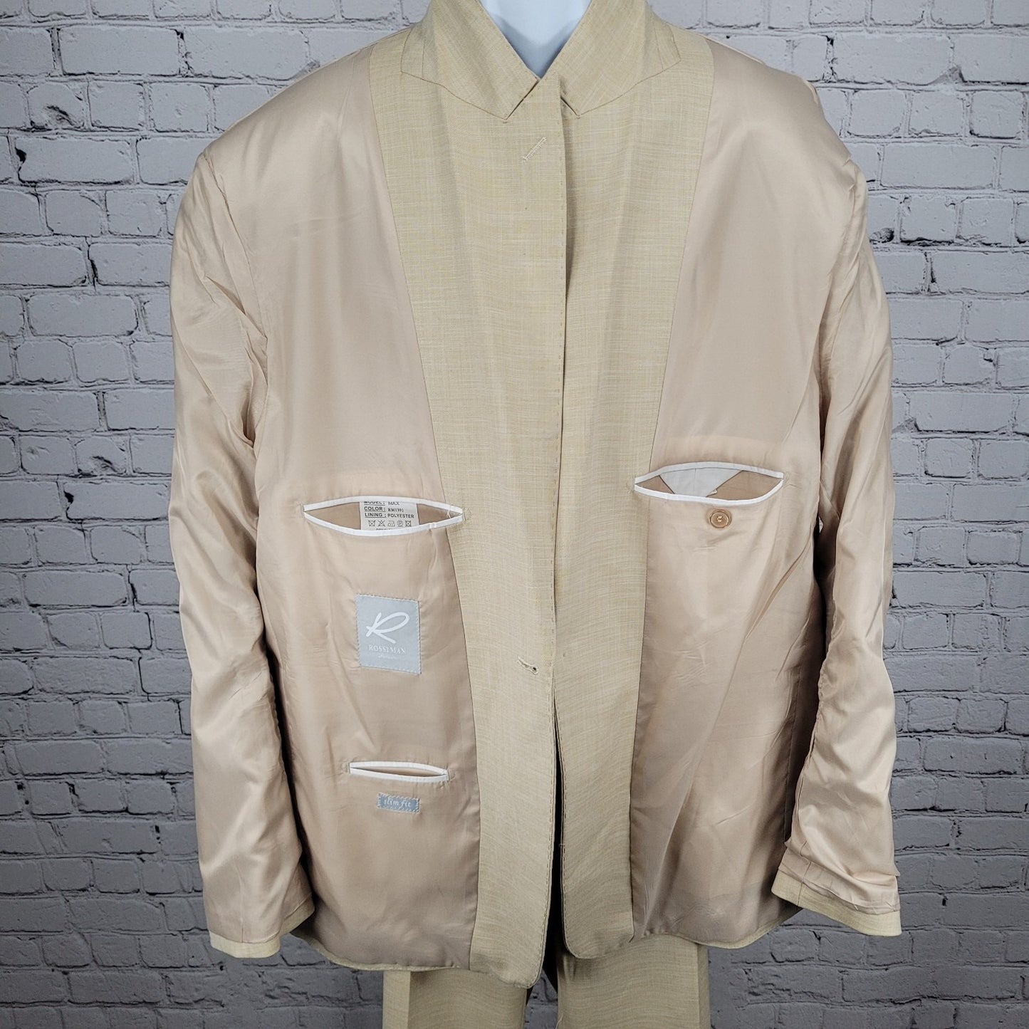 Rossi Man Cream Beige Slim Fit Full Suit 1 Button Peak Jacket 50 Pants 43x35