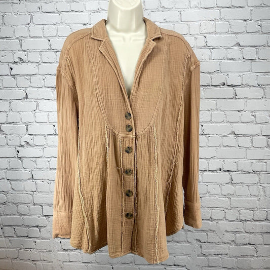 Free People Beige Orange Cotton Muslin Button Up Long Sleeve Oversized Shirt XS