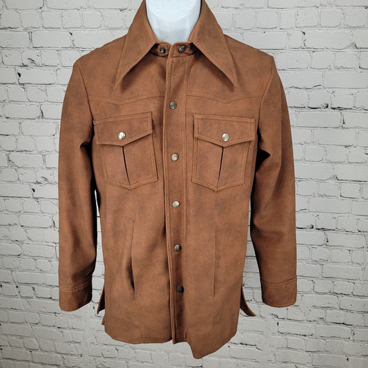 VTG Val Cassi Brown Vinyl Western Retro Snap Up Lined Jacket Size Small S