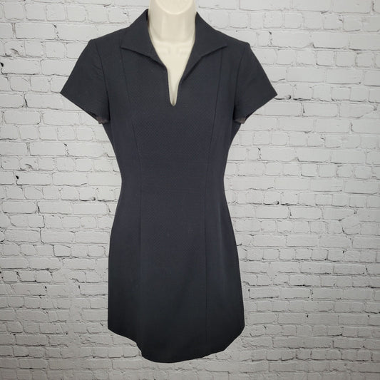 Kenar Black Quilted Cotton Collared V Neck Lined Sheath Dress USA Made Size 4