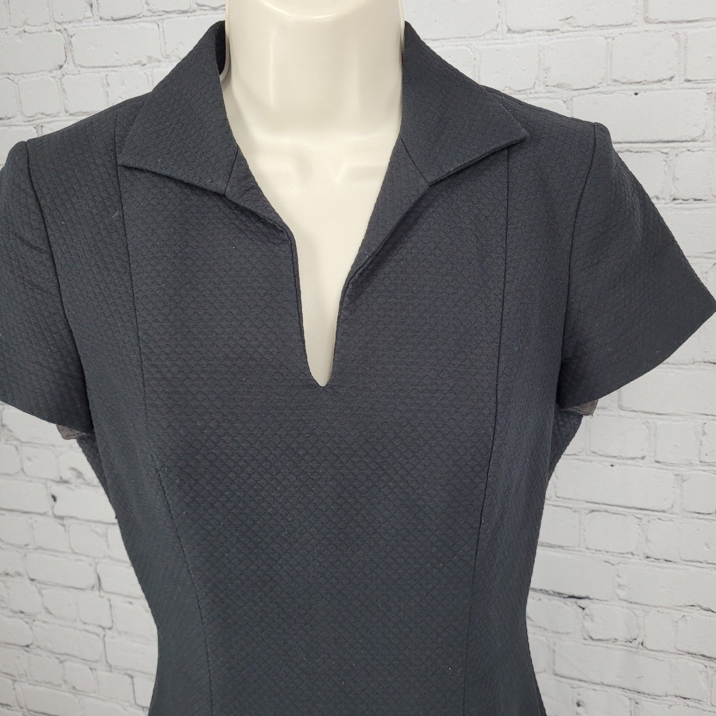 Kenar Black Quilted Cotton Collared V Neck Lined Sheath Dress USA Made Size 4
