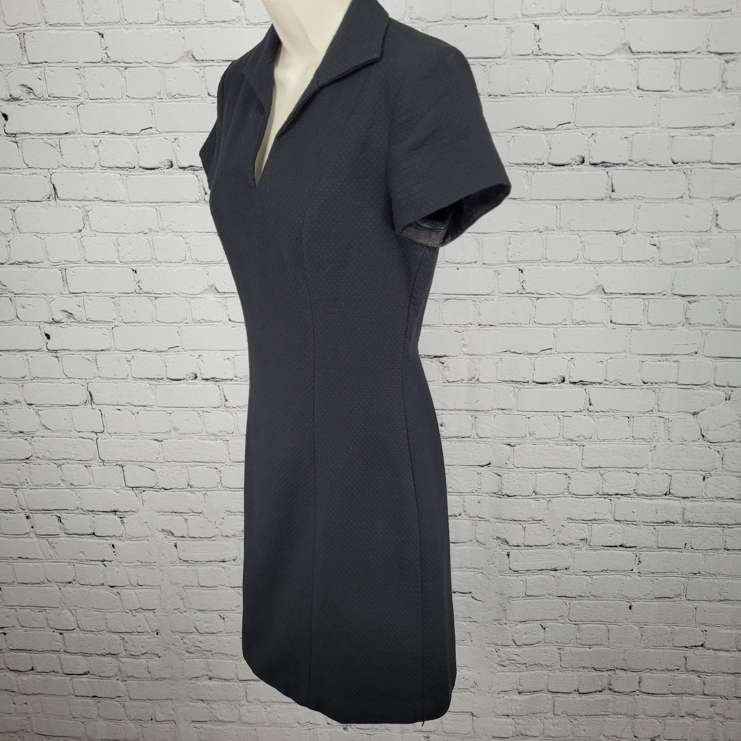Kenar Black Quilted Cotton Collared V Neck Lined Sheath Dress USA Made Size 4