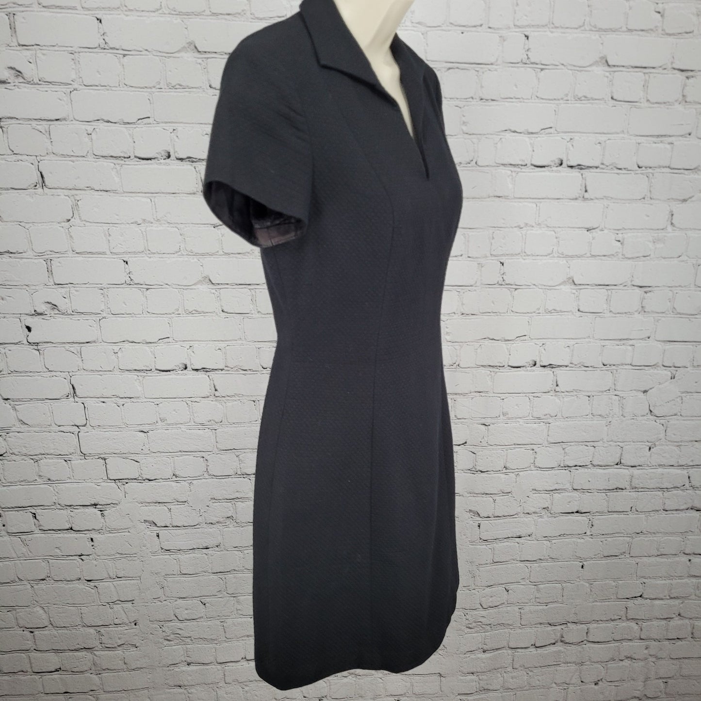 Kenar Black Quilted Cotton Collared V Neck Lined Sheath Dress USA Made Size 4