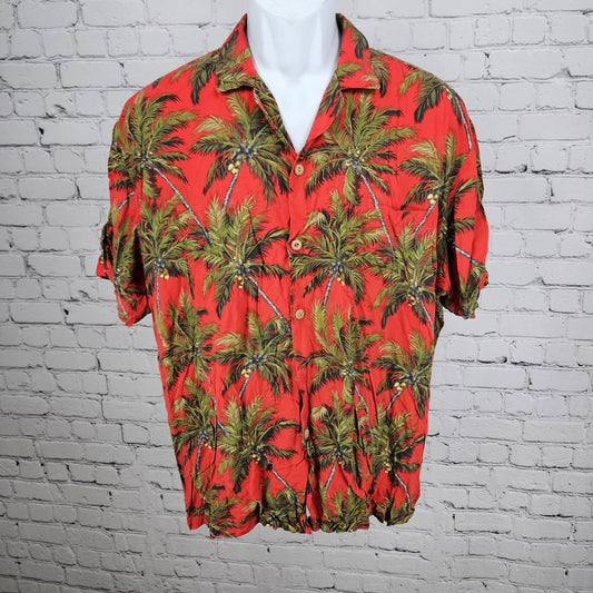 VTG Paradise Found Red Palm Tree Hawaiian Short Sleeve Button Up Shirt USA Large