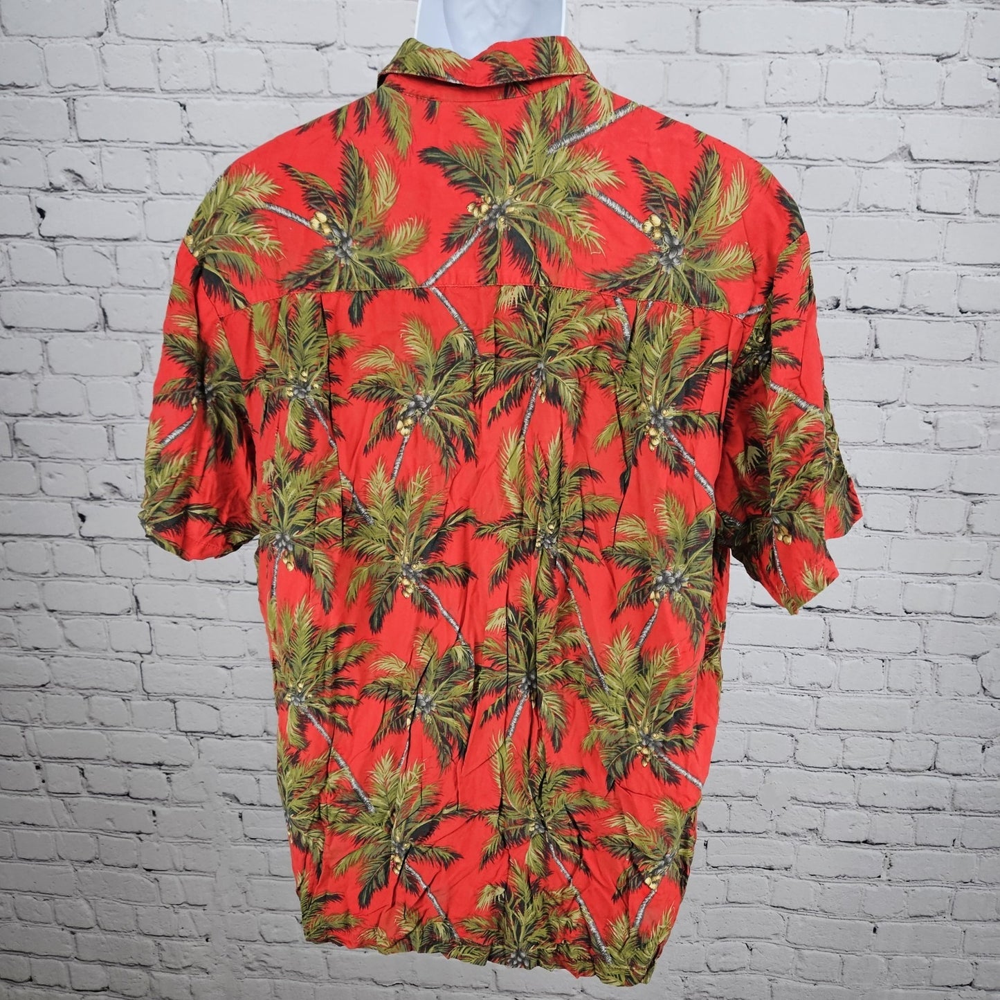VTG Paradise Found Red Palm Tree Hawaiian Short Sleeve Button Up Shirt USA Large