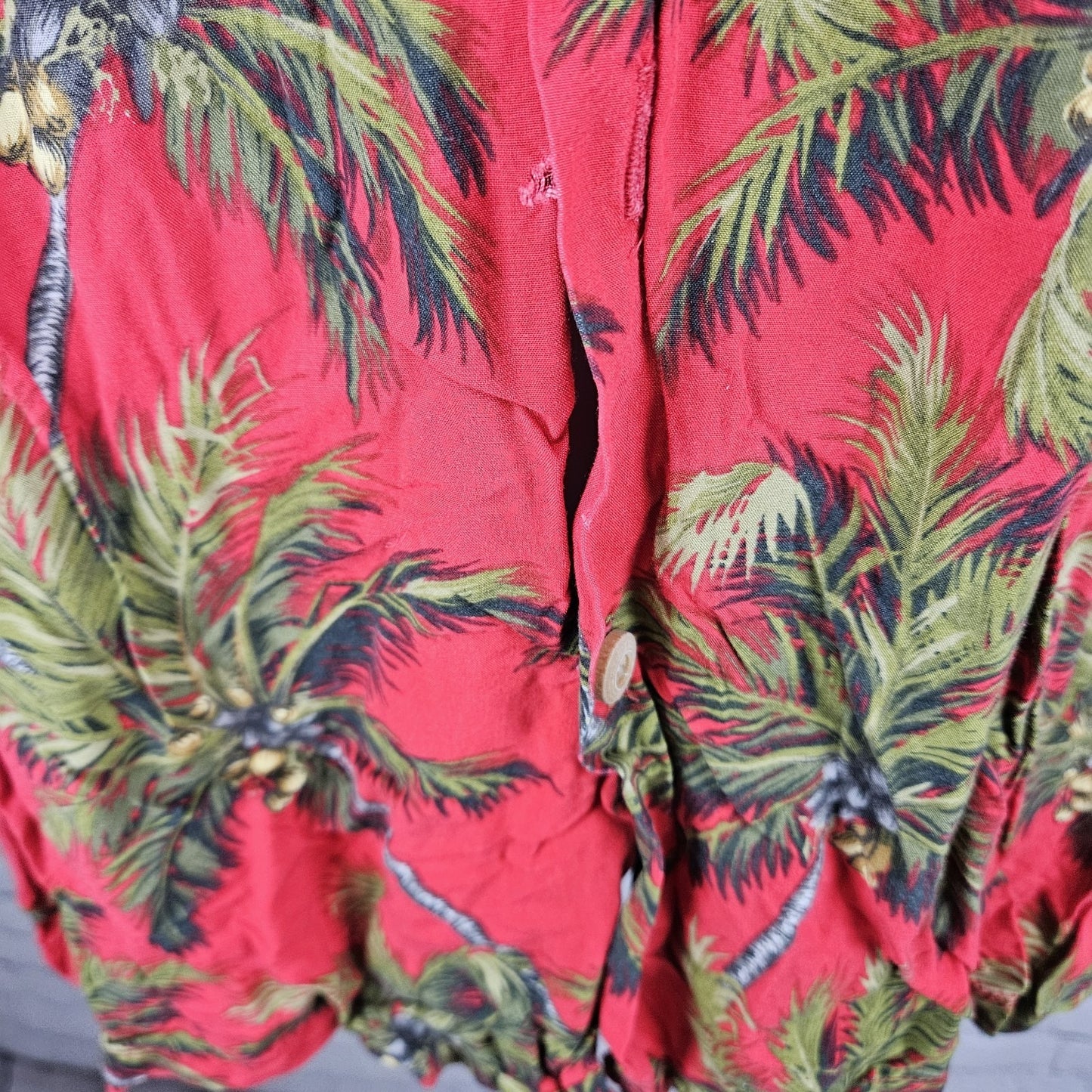 VTG Paradise Found Red Palm Tree Hawaiian Short Sleeve Button Up Shirt USA Large