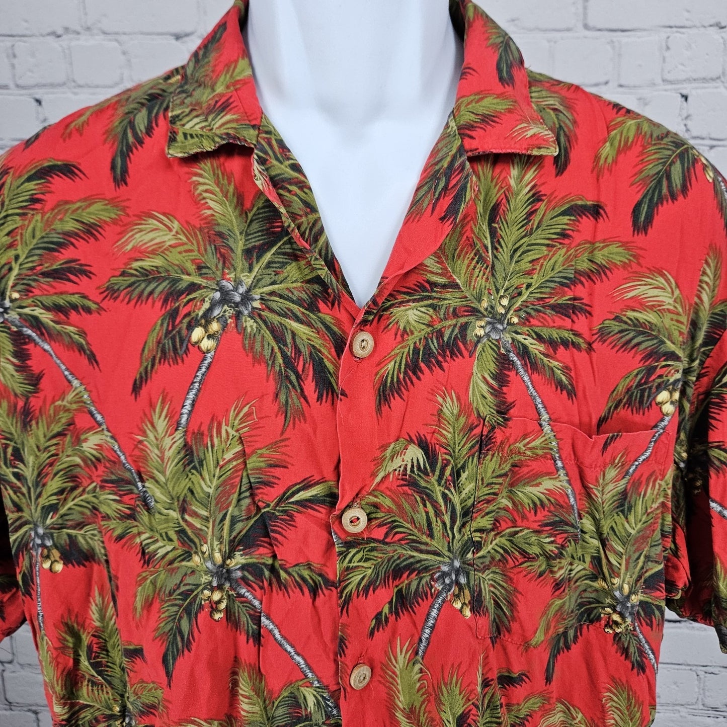 VTG Paradise Found Red Palm Tree Hawaiian Short Sleeve Button Up Shirt USA Large
