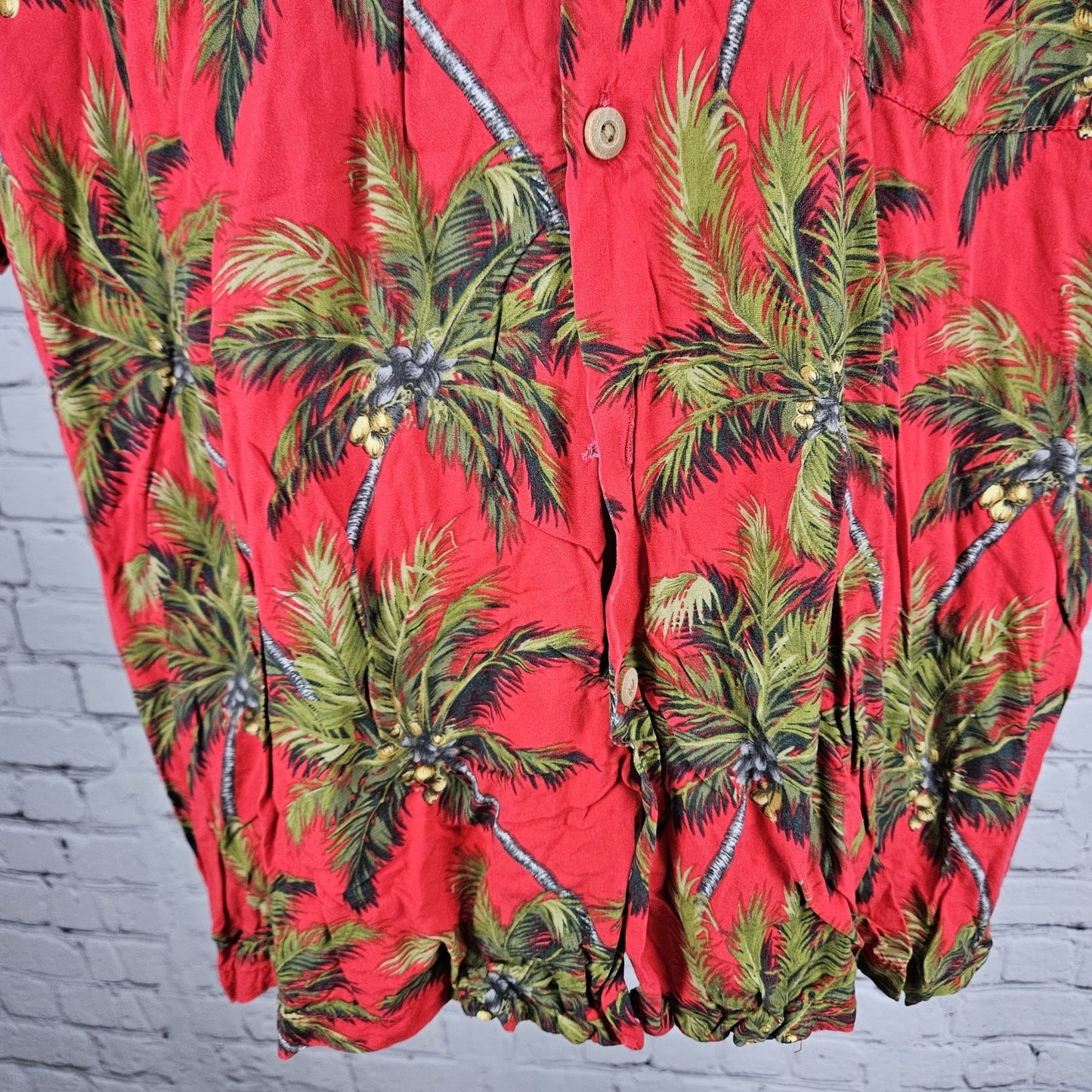 VTG Paradise Found Red Palm Tree Hawaiian Short Sleeve Button Up Shirt USA Large