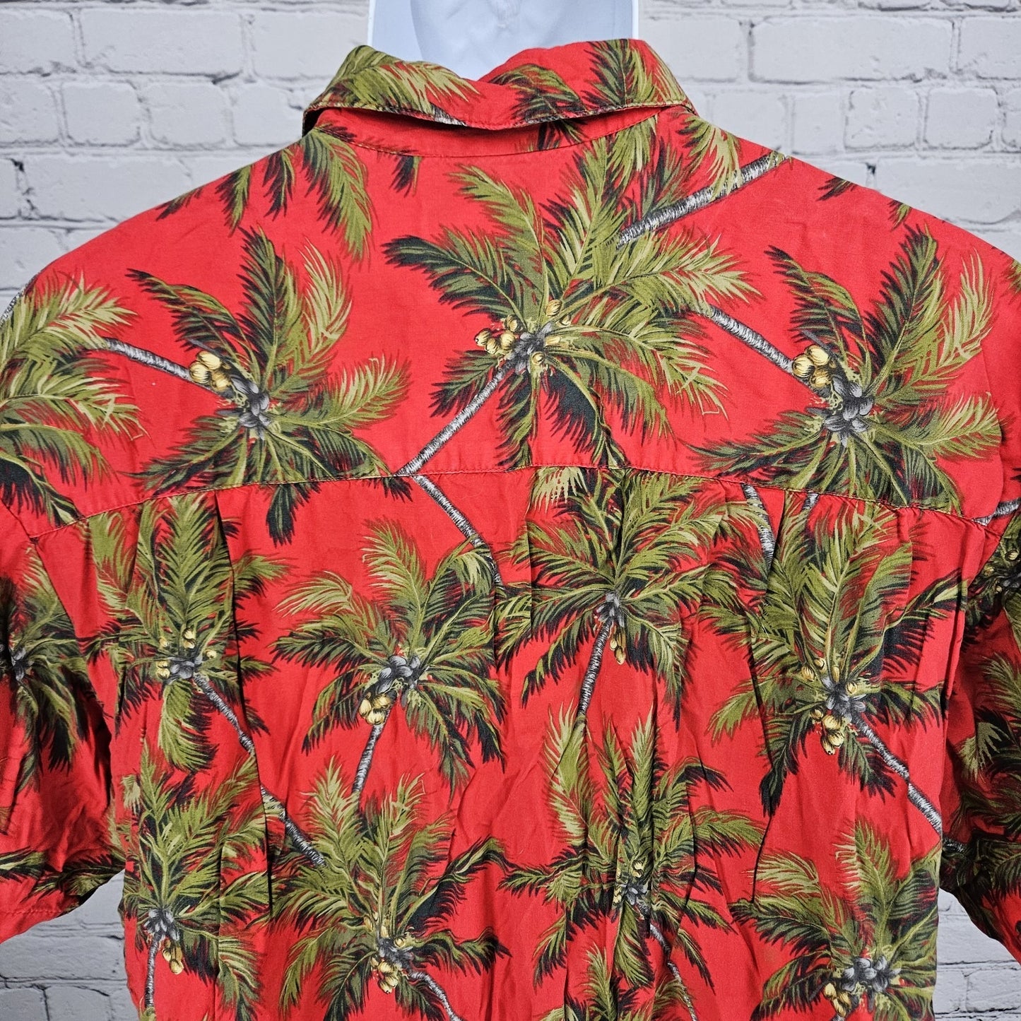 VTG Paradise Found Red Palm Tree Hawaiian Short Sleeve Button Up Shirt USA Large