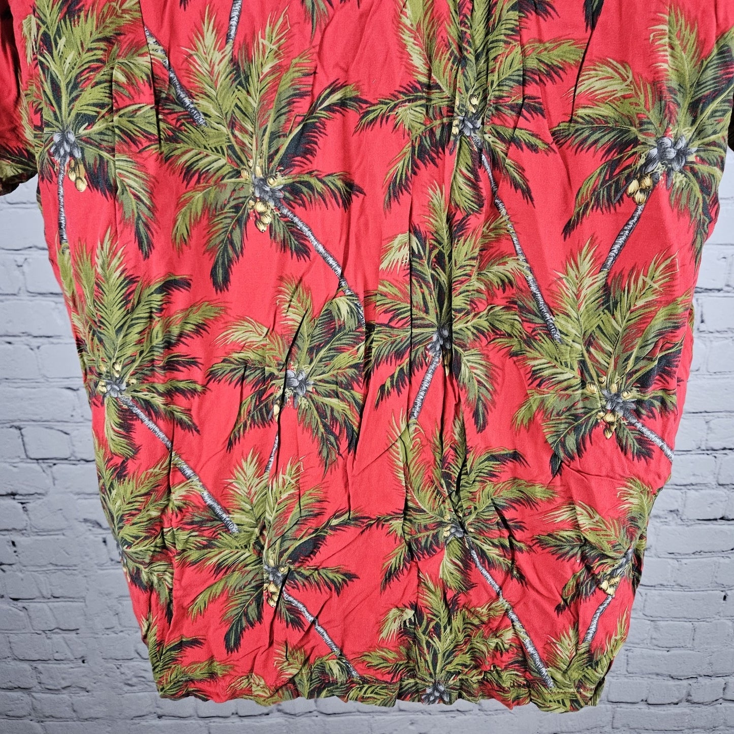 VTG Paradise Found Red Palm Tree Hawaiian Short Sleeve Button Up Shirt USA Large