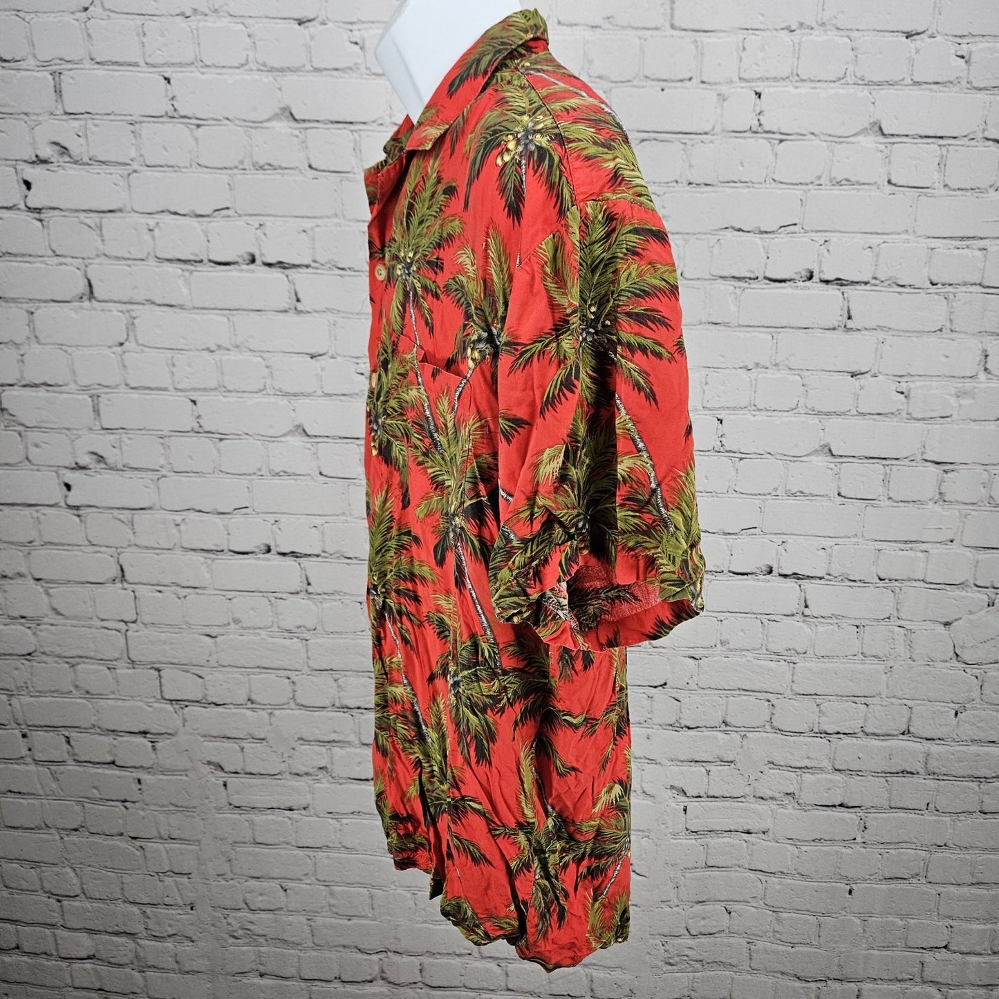 VTG Paradise Found Red Palm Tree Hawaiian Short Sleeve Button Up Shirt USA Large