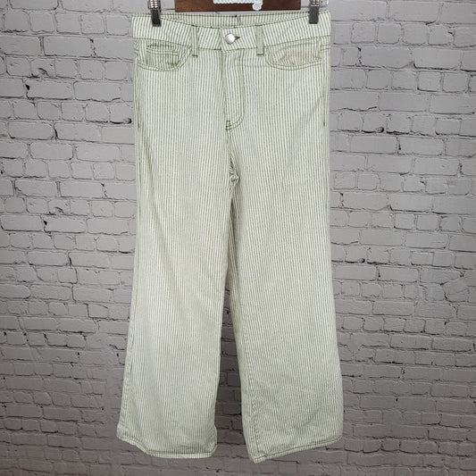 Zara Ivory & Green Striped 100% Cotton Wide Leg High Rise Pants Size 2 (27x30)