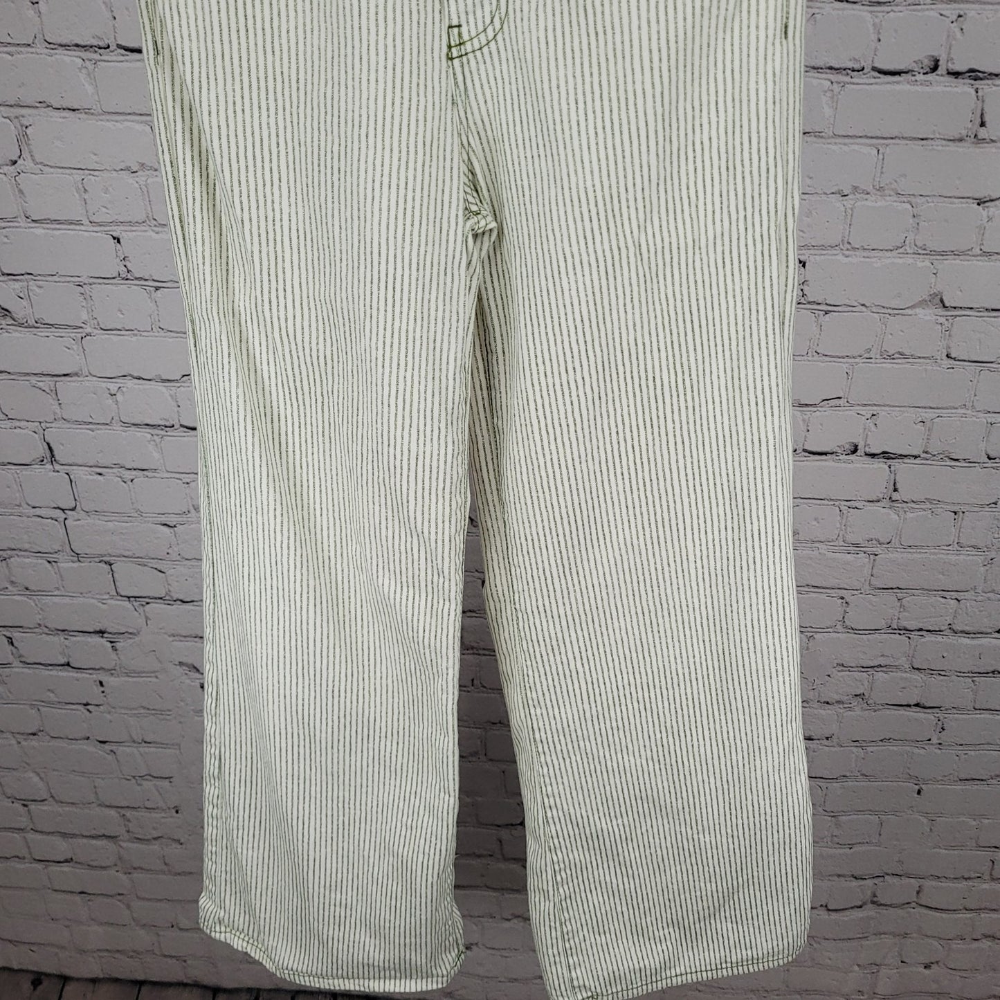 Zara Ivory & Green Striped 100% Cotton Wide Leg High Rise Pants Size 2 (27x30)