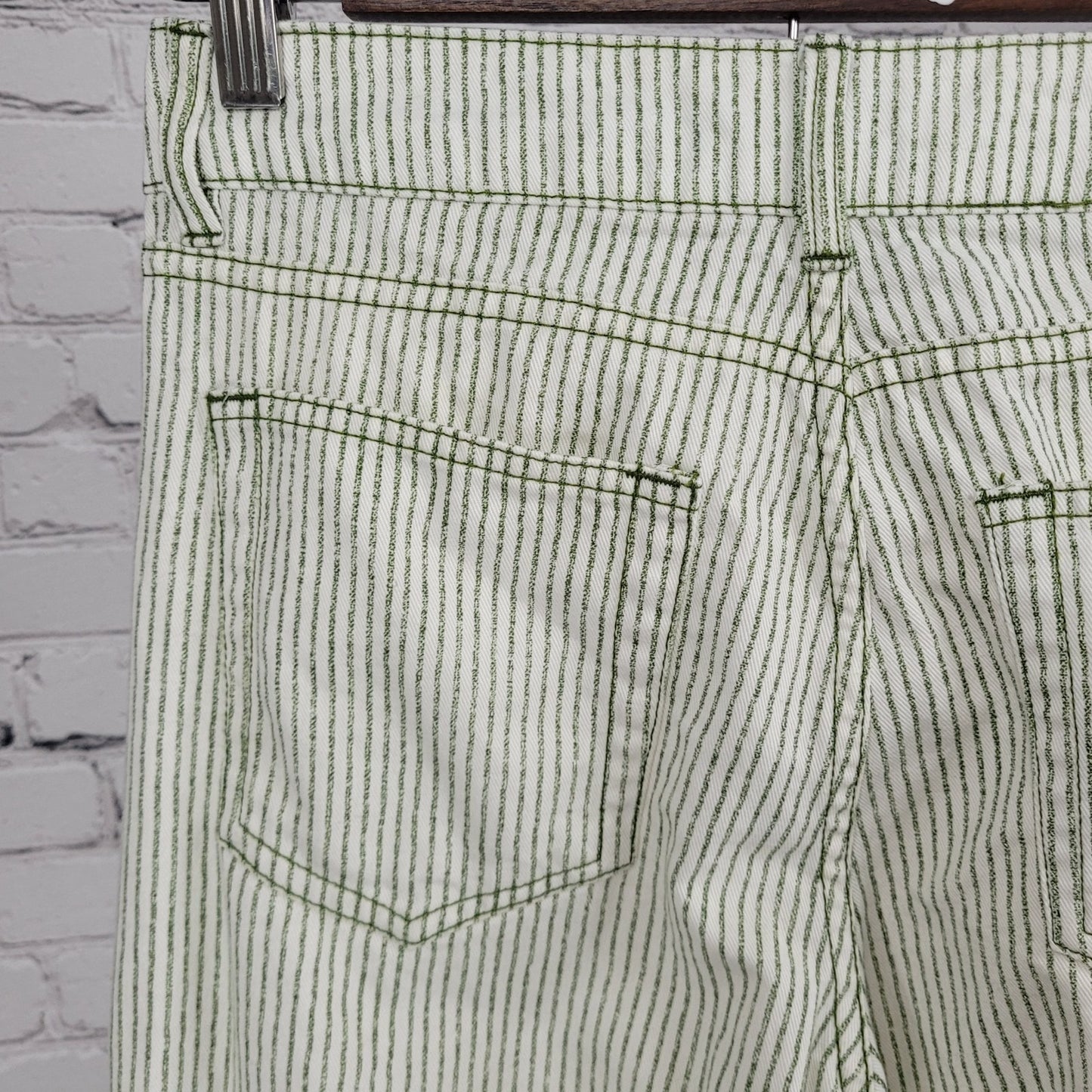 Zara Ivory & Green Striped 100% Cotton Wide Leg High Rise Pants Size 2 (27x30)