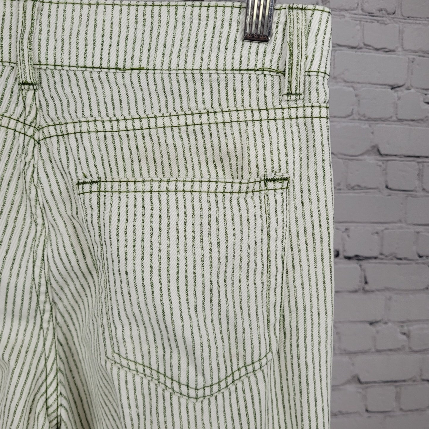 Zara Ivory & Green Striped 100% Cotton Wide Leg High Rise Pants Size 2 (27x30)