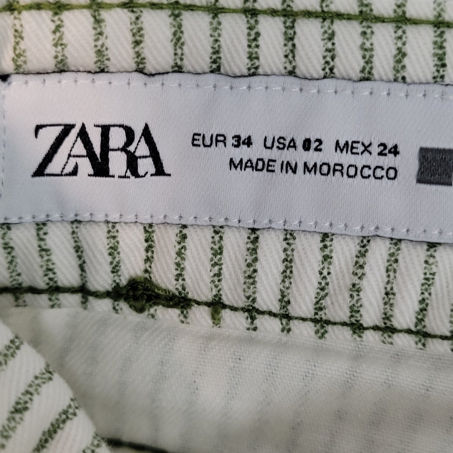 Zara Ivory & Green Striped 100% Cotton Wide Leg High Rise Pants Size 2 (27x30)