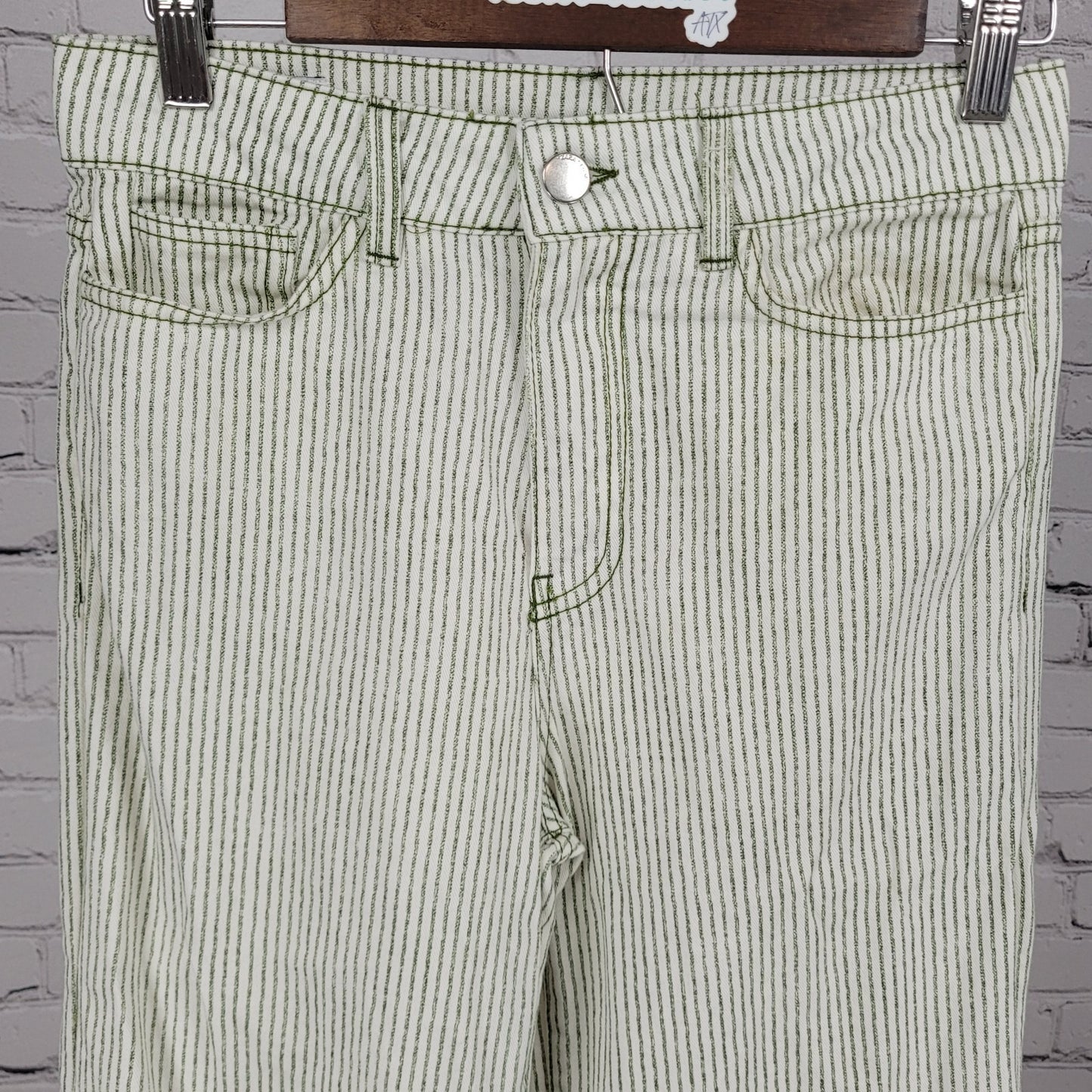 Zara Ivory & Green Striped 100% Cotton Wide Leg High Rise Pants Size 2 (27x30)