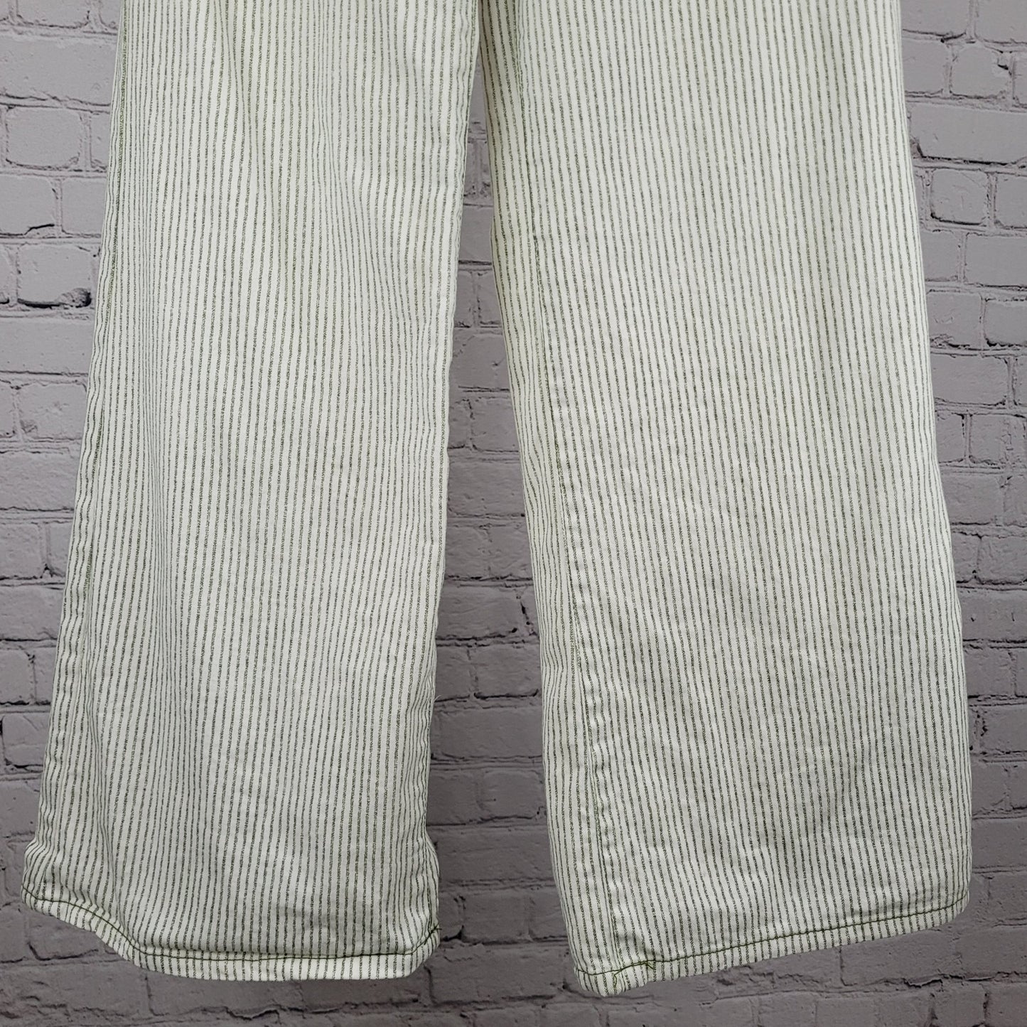 Zara Ivory & Green Striped 100% Cotton Wide Leg High Rise Pants Size 2 (27x30)