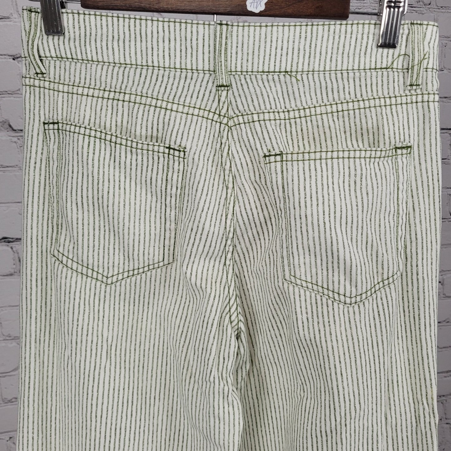 Zara Ivory & Green Striped 100% Cotton Wide Leg High Rise Pants Size 2 (27x30)