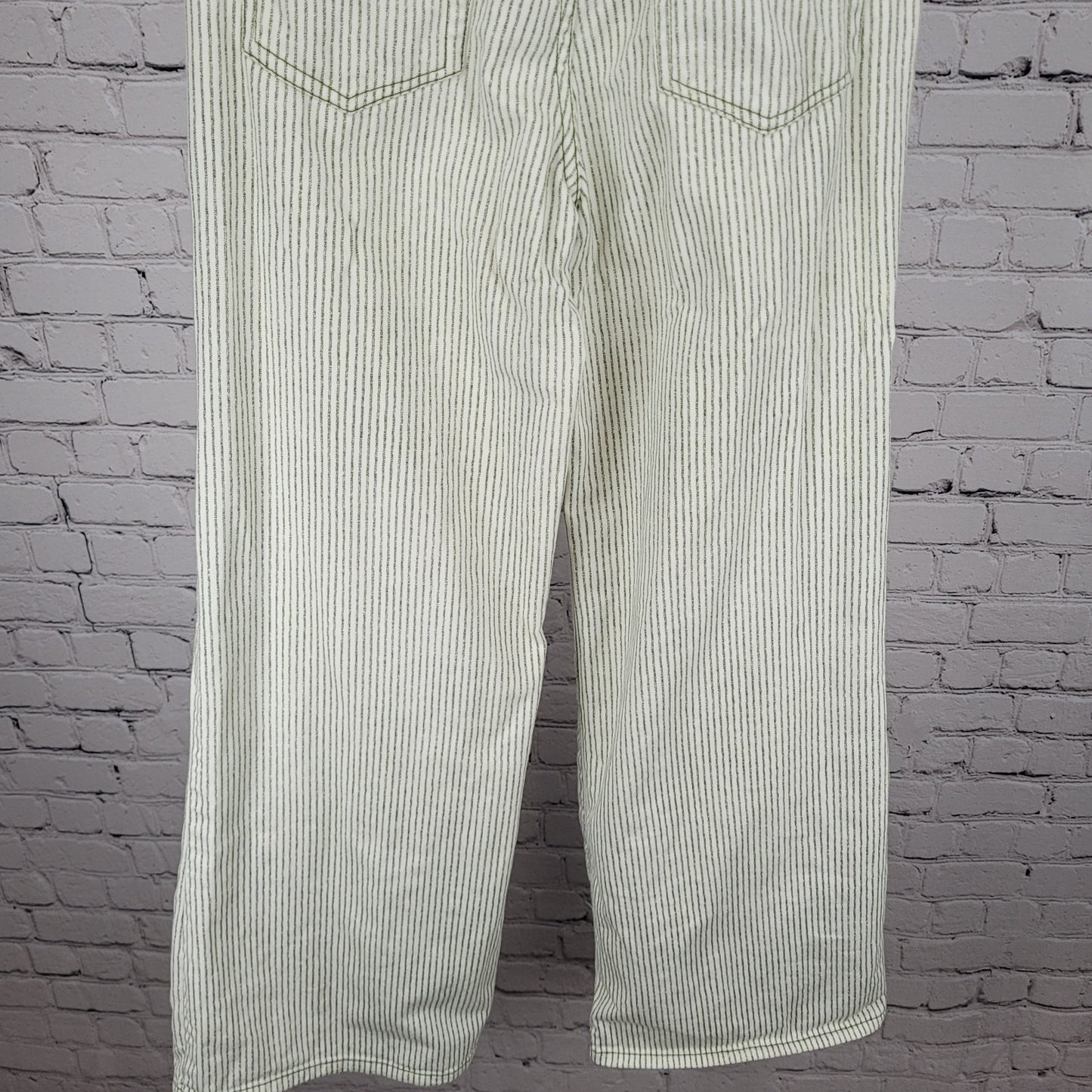 Zara Ivory & Green Striped 100% Cotton Wide Leg High Rise Pants Size 2 (27x30)