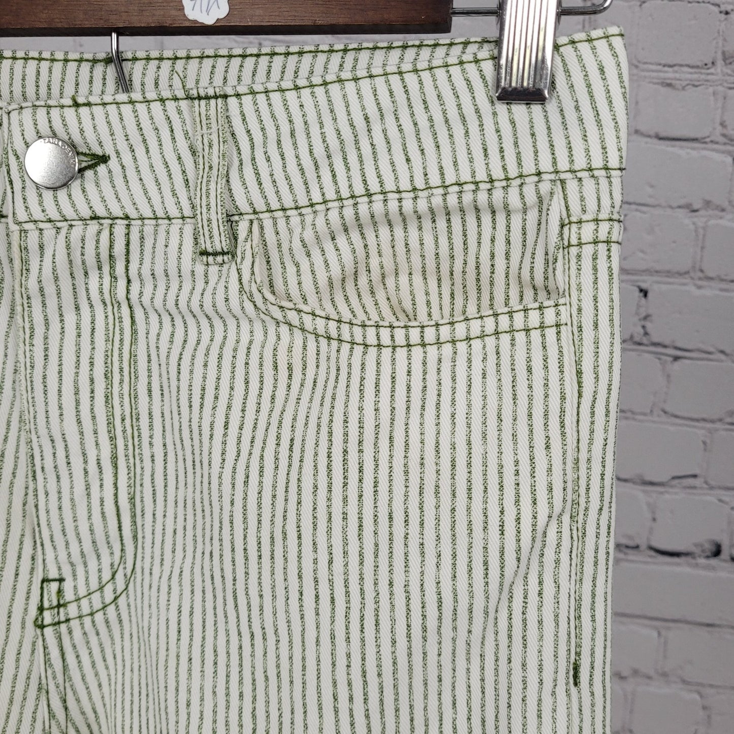 Zara Ivory & Green Striped 100% Cotton Wide Leg High Rise Pants Size 2 (27x30)