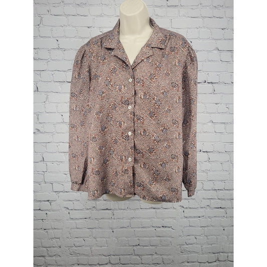 VTG Symmetry Geometric Floral Long Sleeve Button Up Blouse Womens 14