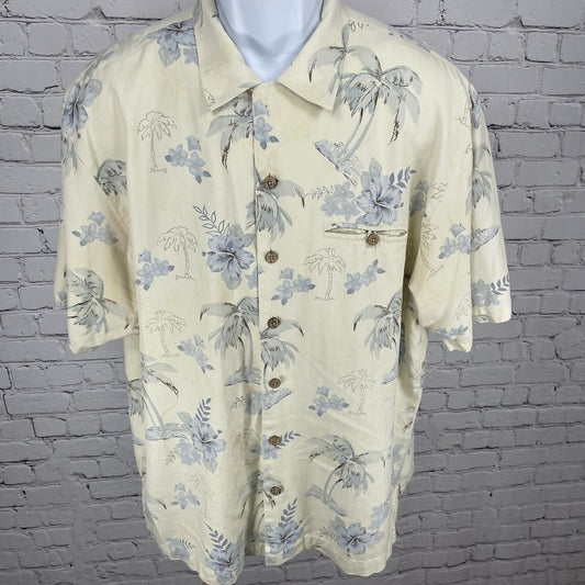 Island Paradise Beige Silk Hawaiian Floral Button Up Short Sleeve Shirt Size XL