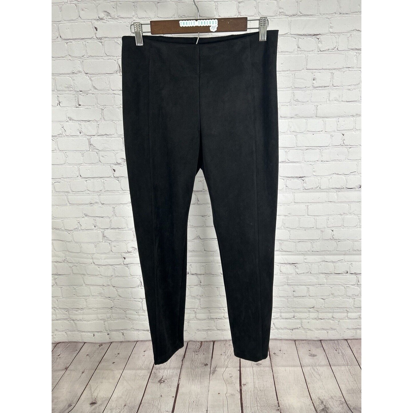 T Tahari Women Black Vegan Leather Pull On Flat Front Skinny Leg Pants M (28x28)