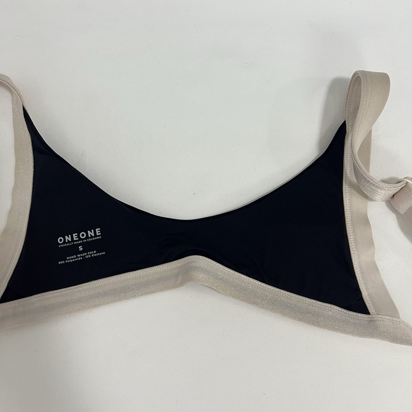 ONEONE Swimwear Black Cream Trim Low Cut Bikini Top Beach Swim Small S