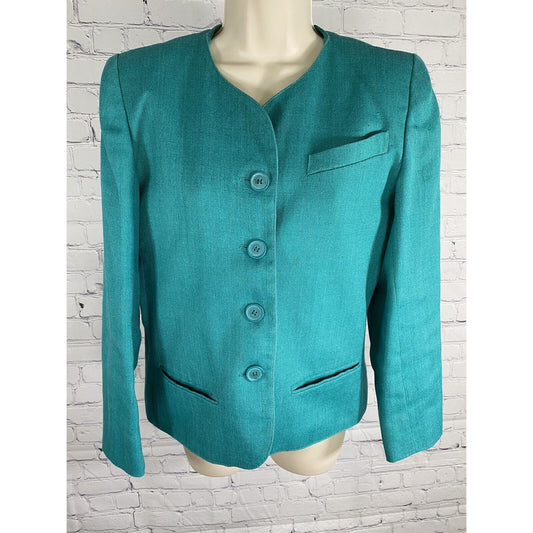 Vintage Jay Jacobs Teal Linen Blend 4 Button Jacket Blazer Pockets Womens 10